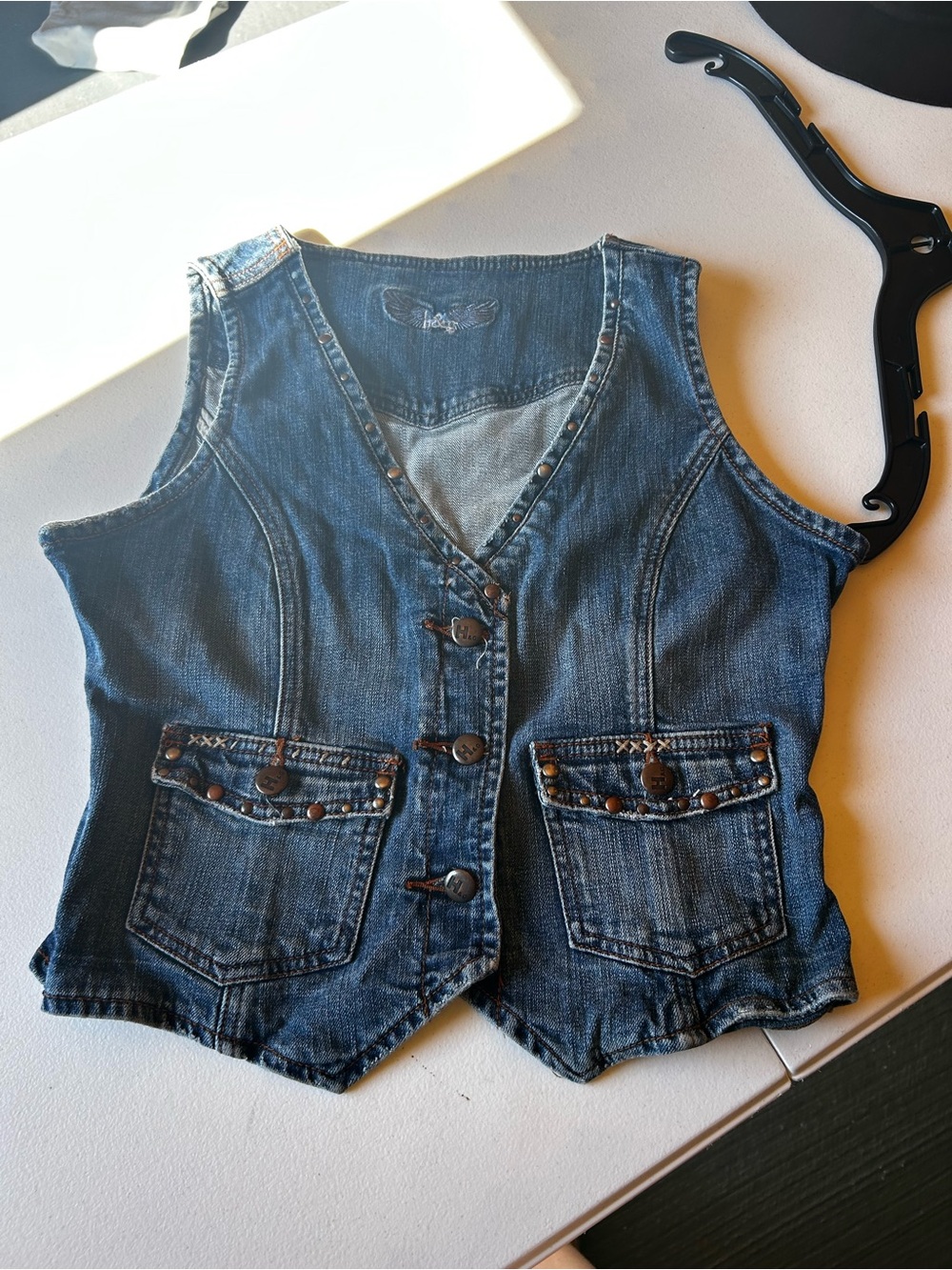 Y2K Dark Blue Denim Button-Front Vest with Studded Pockets